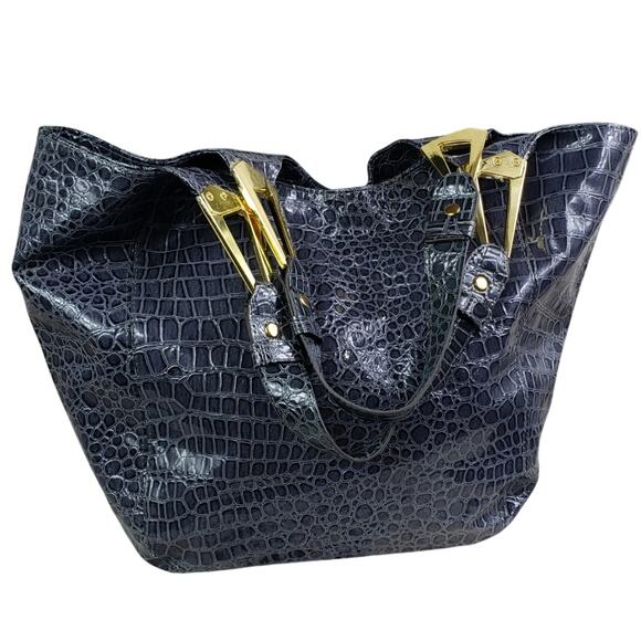 Braciano Gray Patent Croc-Embossed Tote Bag Gold Hardware | Large Glam Carryall - Picture 10 of 13